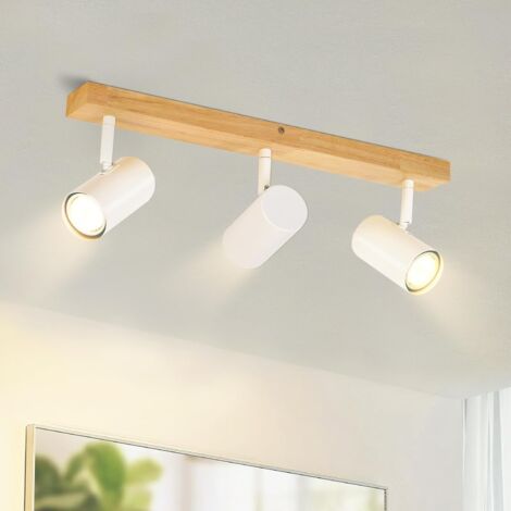 GBLY Plafoniera in legno 3 spot - Plafoniera moderna con spot GU10 bianchi industriali orientabili a 350° - Applique retrò per camera da letto, soggiorno, studio, corridoio e cucina