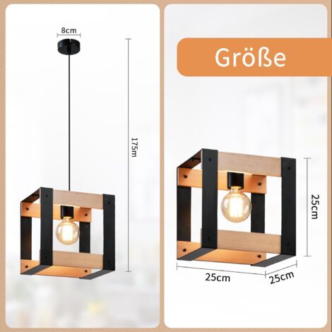 Portalampada E27 Lampada a Sospensione in Legno, Stile Vintage Nero Semplice Lampada da Soffitto Lampadario plafoniera Pendente quadrato ferro per