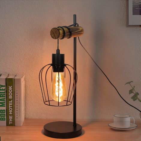 GBLY Lampada da tavolo vintage retrò con 1 lampadina Lampada da comodino di design industriale in metallo e legno - nero - presa: E27 - interruttore incluso - senza lampadina (50CM)