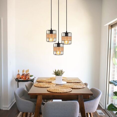 Lampadario A Sospensione Lindby Con Trave In Legno E Corda Nera, Stile Rustico Per Cucina E Taverna, 5 Luci E27, Lunghezza 116 Cm