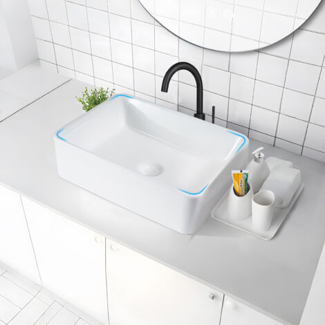 Lavabo Da Appoggio Ovale In Ceramica Bianco Lucido 59x38,3x19,2 Cm - Design Moderno Con Troppopieno, Effetto Loto - Foto 12