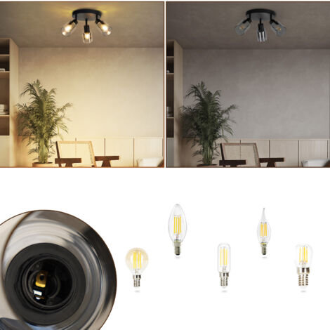 Plafoniera Vintage ZMH Con 3 Faretti In Cristallo, Orientabile 350°, Nera, Attacco E14, Senza Lampadine