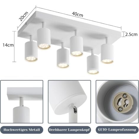 GBLY Plafón 6 focos orientables, blanco, focos de techo GU10, lámparas orientables 330°, iluminación interior, para salón, dormitorio, cocina, sin bombilla
