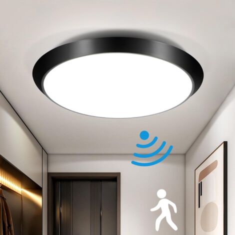 GBLY Plafón con sensor de movimiento Lámpara de Techo Led LED -  Negro IP44 15W movimiento Lámpara de escalera Ø30cm 4000K