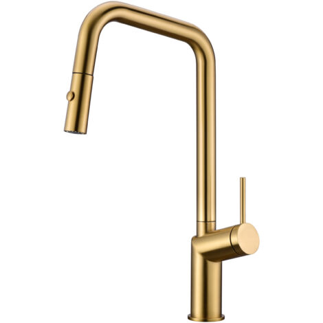 Mice - Grifo de cocina - monomando fregadero con ducha 2 modos - Grifo para Cocina Extensible, Caño Alto Giratorio 360° Oro Cepillado GCE024/OC