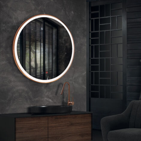 Espejo con luz led para baño, dormitorio, vestidor - luz frontal triled (luz cálida, neutra y fría) doble sensor antovaho Ø60 cm oro rosa cepillado