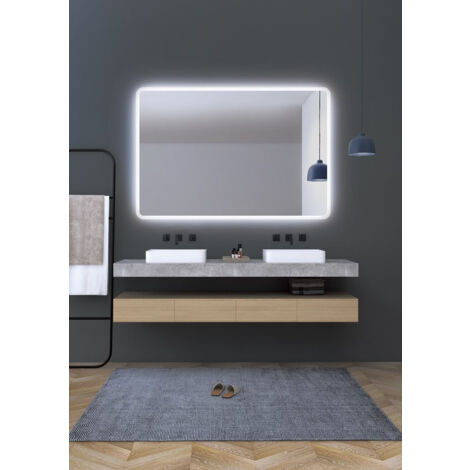 Espejo con luz led con cantos redondeados, contorno arenado de luz fría, doble sensor antivaho - Espejos para baño, vestidor, maquillaje 70 X 80Cm
