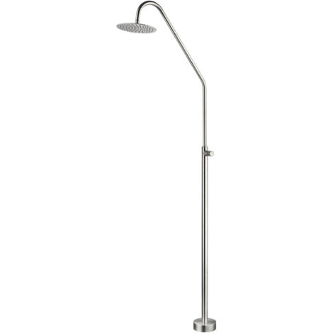 Ducha Exterior para Piscina y Jardín/Altura de 225 cm/Rociador de 25 cm diam/Salida de Agua c/ Botón Temporizador 15 Seg/Agua Fría-Acero INOX S316