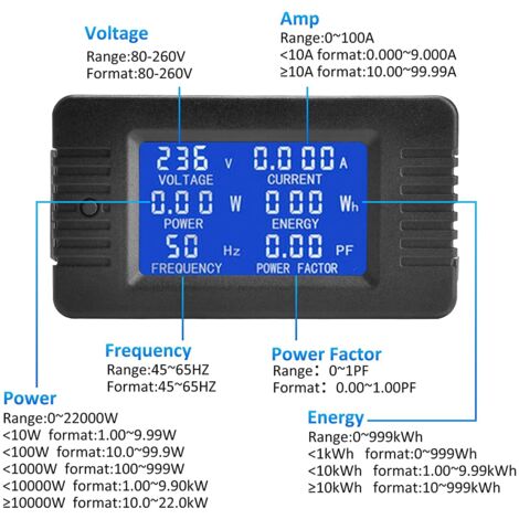 PEACEFAIR PZEM-061 Spannungsmessgerät – LCD-Display Für Spannung, Strom, Leistung & Energie, 100 A, 22 KW, Mit Hintergrundbeleuchtung & Überlastalarm