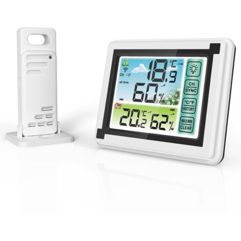Misuratore di temperatura e umidità wireless per interni ed esterni, orologio meteorologico a colori, grande igrometro digitale (con 1 trasmettitore)