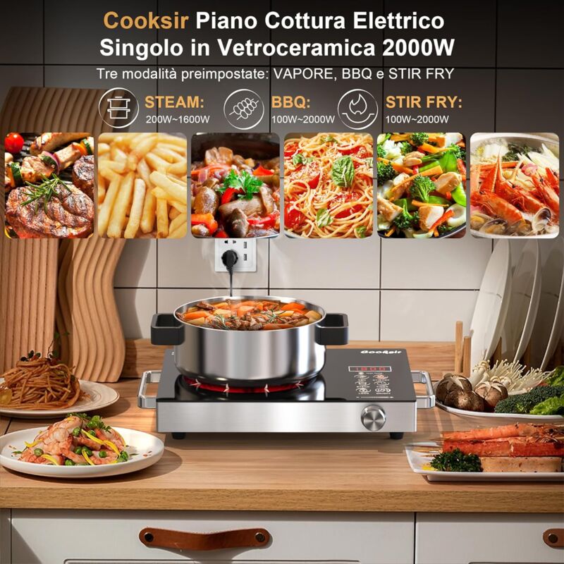 Piano Cottura Domino In Vetroceramica Cooksir 2 Piastre - 3000W, 9 Livelli, Spegnimento Automatico, 29 Cm