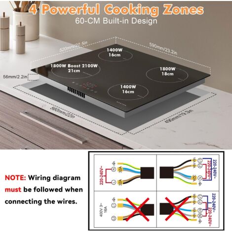 Piano Cottura A Induzione 4 Fuochi Hobsir | 3500W, Con Spina | Timer, Blocco Sicurezza | 60 Cm, Incasso - Foto 7