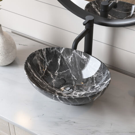 Aufsatzwaschbecken DeerValley DV-1V0089 – Ovale Keramikwaschbecken, Ei-Form, 40,6 x 33 cm, mit Marmor-Grau-Finish