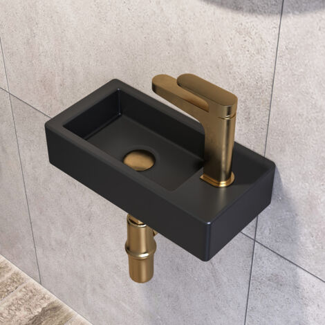 Mini Waschbecken Waschbecken Möbel Rechteckig Schwarz aus Keramik für Kleine Räume (Rechte Seite), DV-1V0091R - DeerValley