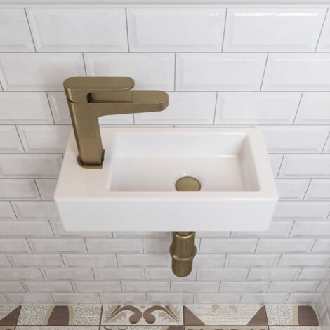 Hänge-Handwaschbecken mit Möbel DeerValley – Rechteckiges Weißes Wandwaschbecken für Badezimmer – Wasserhahnlöcher Links, 36,5 x 18 x 9 cm, Modell DV-1V081L