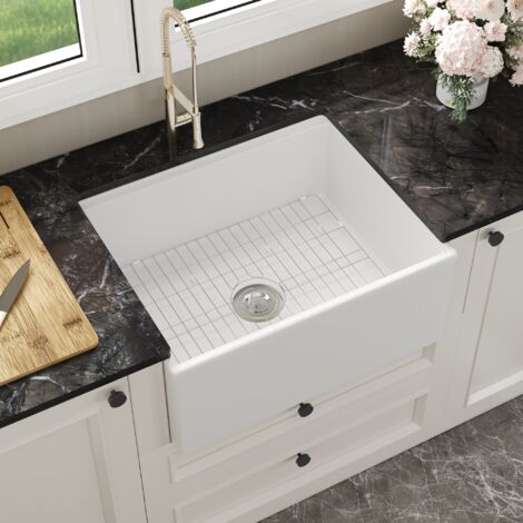 Weißes Keramik Spülbecken Landhausstil mit Zubehör 61 x 51 x 25 cm DeerValley