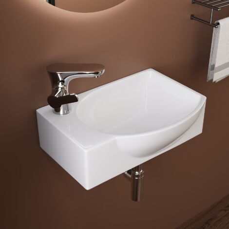 DeerValley Wandwaschbecken (305 × 240 mm) – Rechteckiges Keramikbecken in Weiß mit rechts positioniertem Becken und linksseitigem Armaturloch. Ohne Wasserhahn. Ideal für kleine Badezimmer
