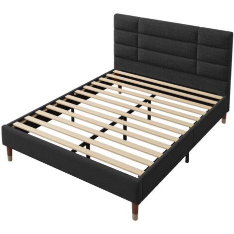 Gutent – Lit double rembourré 140x200cm – Sommier à lattes en bois – Lin noir – Tête de lit 101cm – Capacité 200kg – Espace de rangement 17cm (1/5)