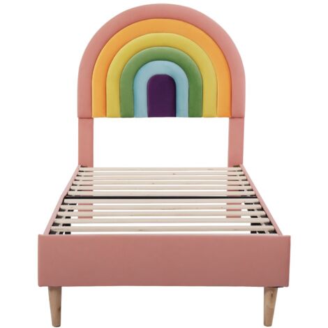 Lit rembourré 90x200 cm, avec sommier à lattes et tête de lit, tête de lit réglable en hauteur, velours - Rose (1/5)