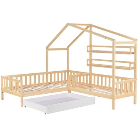 Gutent – Lit d'enfant en bois massif avec tiroirs – Structure en L – Dimensions 90x200 cm et 140x70 cm – Clôture et sommier à lattes (1/5)