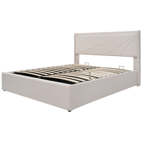 Lit simple capitonné avec tête de lit rechargeable par USB Type C, tissu lin, avec sommier à lattes (sans matelas) - 140x20 cm (1/5)