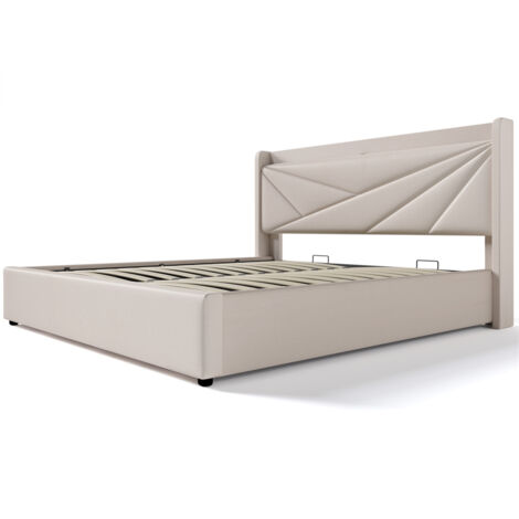 Lit simple capitonné avec tête de lit rechargeable par USB Type C, tissu lin, avec sommier à lattes (sans matelas) - 180x20 cm (1/5)