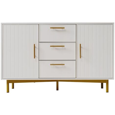 Gutent – Commode blanche contemporaine avec 2 portes et 3 tiroirs – Étagères réglables – H75 x B120 x T40 cm – Base en métal et panneau de particules (1/5)