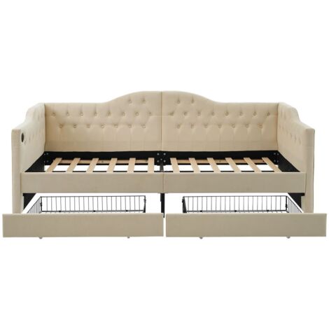 Lit rembourré, canapé-lit, cadre de lit de rangement avec chargeur USB Type C et 2 tiroirs(sans matelas)-90x200 cm (1/5)