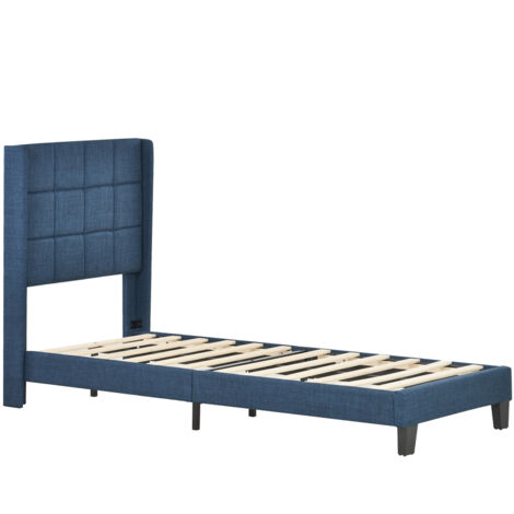 Lit rembourré 90x200 cm, lit simple avec sommier à lattes, lin bleu (sans matelas) (1/5)
