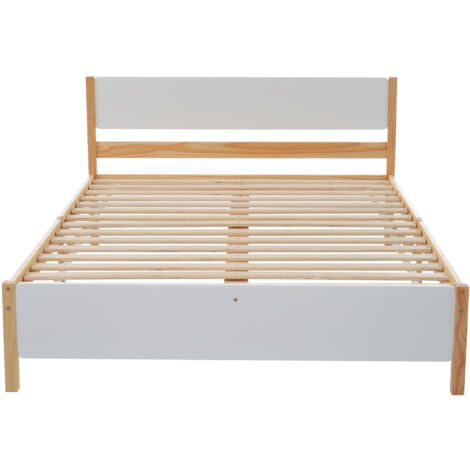 Lit d'adulte, double, cadre en pin avec pied central, blanc + naturel, 140x200 cm (1/5)