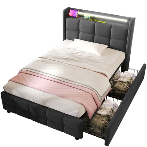 Lit rembourré en gris avec fonction de recharge USB, éclairage LED et 2 tiroirs, cadre de lit à lattes en bois (avec matelas) - 90x200 cm (1/5)