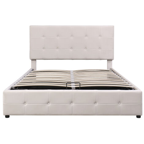 Lit coffre double 140X200, lit rembourré avec espace de rangement relevable hydrauliquement, tête de lit rembourrée réglable en hauteur, sommier à lattes métalliques, tissu velours doux, Blanc crème (1/5)