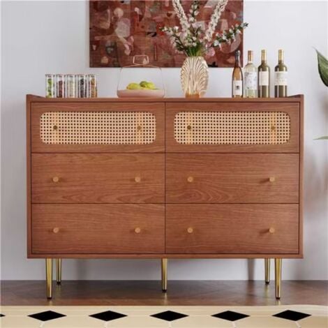 Commode à 6 tiroirs, buffet en rotin pour chambre à coucher, noyer -H90xB120xT40 cm