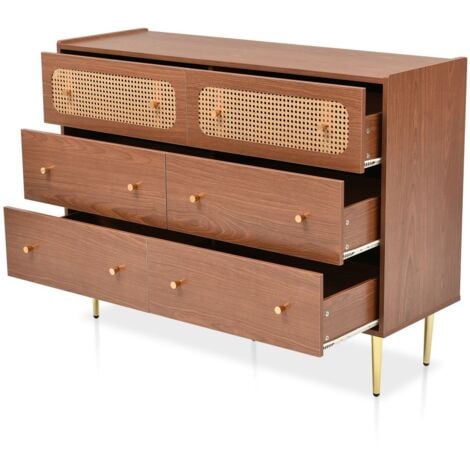 Commode à 6 tiroirs, buffet en rotin pour chambre à coucher, noyer -H90xB120xT40 cm