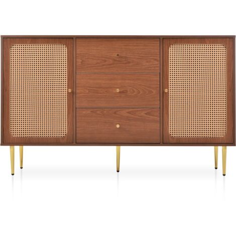 Gutent – Commode en rotin 2 portes 3 tiroirs – Étagères réglables – Noyer H90 x L150 x P40 cm – Poignées en métal doré - H90xL150xP40 (1/5)