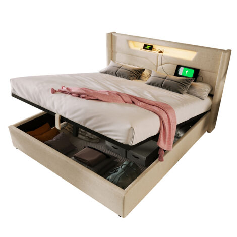 Lit capitonné 160x200 cm avec fonction de recharge USB C et éclairage LED (avec matelas) - Beige (1/5)
