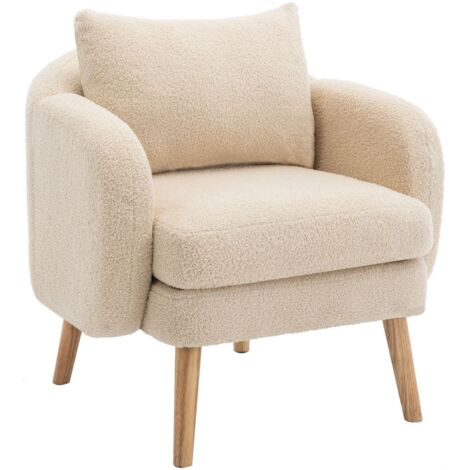 Fauteuil moderne simple en velours Teddy avec coussins, canapé simple, pieds en bois massif - Beige (1/5)