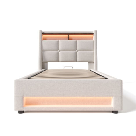 Lit rembourré avec USB 90x200cm,Lit simple LED avec sommier à lattes métalliques,Cadre de lit en lin Lit pour adolescents (Sans matelas) -Beige (1/5)