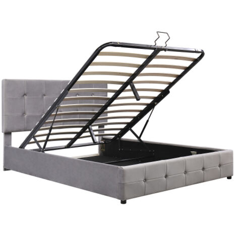 Lit coffre double 140X200, lit rembourré avec espace de rangement relevable hydrauliquement, tête de lit rembourrée réglable en hauteur, sommier à lattes métalliques, tissu velours doux ,Gris (1/5)