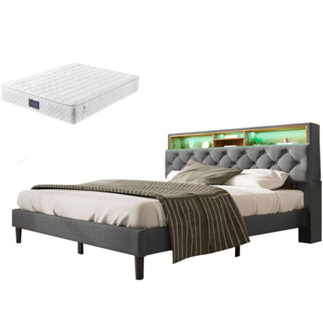 Lit double gris 140x200 cm, tête de lit de rangement avec éclairage LED, sommier à lattes (avec matelas) (1/5)