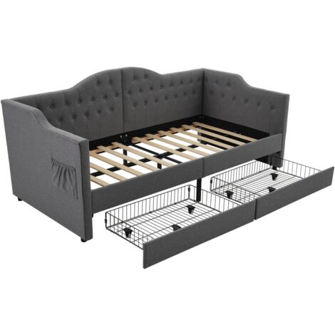 Lit capitonné, canapé-lit, lit de rangement avec chargeur USB Type C et 2 tiroirs, lin gris (matelas non inclus) - 90x200 cm (1/5)