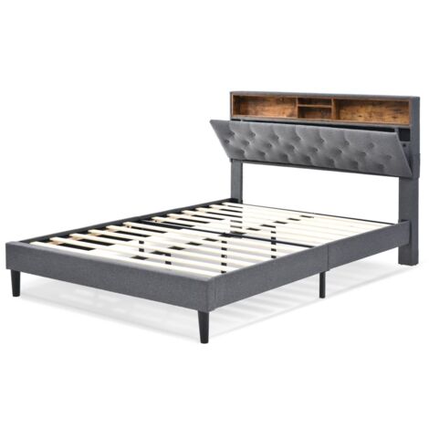 Lit double gris 140x200 cm, tête de lit de rangement avec éclairage LED, sommier à lattes (sans matelas) (1/5)
