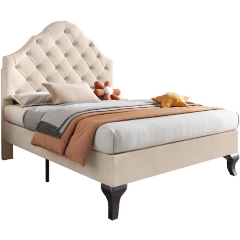 Gutent – Lit rembourré 90x200 cm avec tête de lit réglable – Supports de lattes en bois – Velours beige pour confort optimal (1/5)