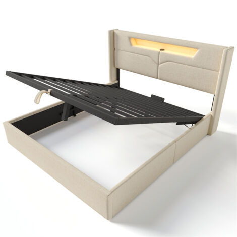 Lit capitonné 160x200 cm avec fonction de recharge USB C et éclairage LED (sans matelas) - Beige (1/5)