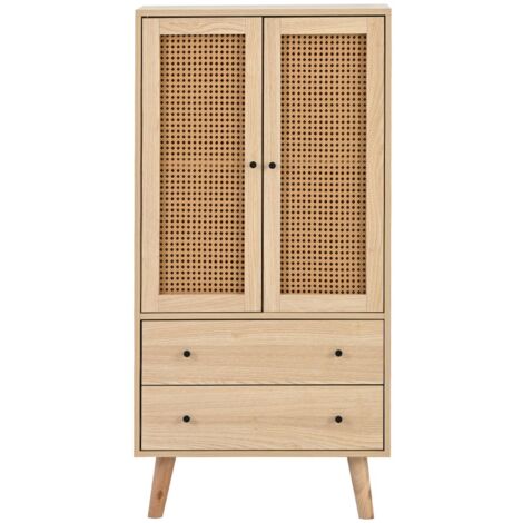 Gutent – Buffet en bois clair 60x40x120cm avec 2 tiroirs – Panneau de particules E1 – Design élégant avec portes en rotin tissé