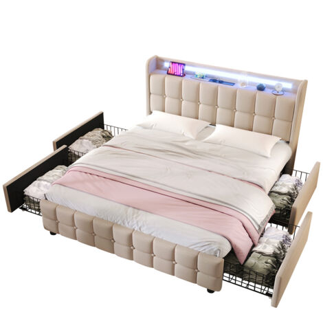 Lit capitonné avec éclairage LED et 2 tiroirs, sommier à lattes en bois, beige (avec matelas) - 160x200 cm (1/5)
