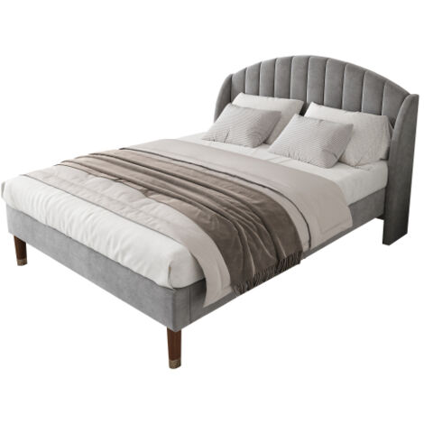 Lit rembourré 140X200 avec sommier à lattes et tête de lit, lit pour adolescents, pour adultes & adolescents, support de lattes en bois, montage facile, velours, gris (1/5)