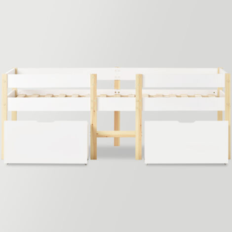 Gutent – Lit d'enfant mi-hauteur avec tiroir – Pin massif 90x190 cm – Protection antichute – Style scandinave moderne – Échelle incluse - massif-90x190 (1/5)