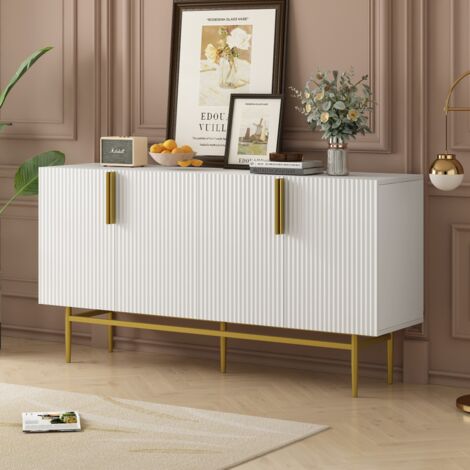 Buffet blanc à 4 portes, poignées en métal doré, buffet pour salle à manger, salon, chambre, couloir