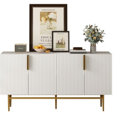 Buffet blanc à 4 portes, poignées en métal doré, buffet pour salle à manger, salon, chambre, couloir